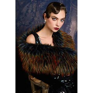 🆕 Luxury Black Gold Vegan Fur Collar Wrap Winter Cloak Bridal Wedding Cover Up
